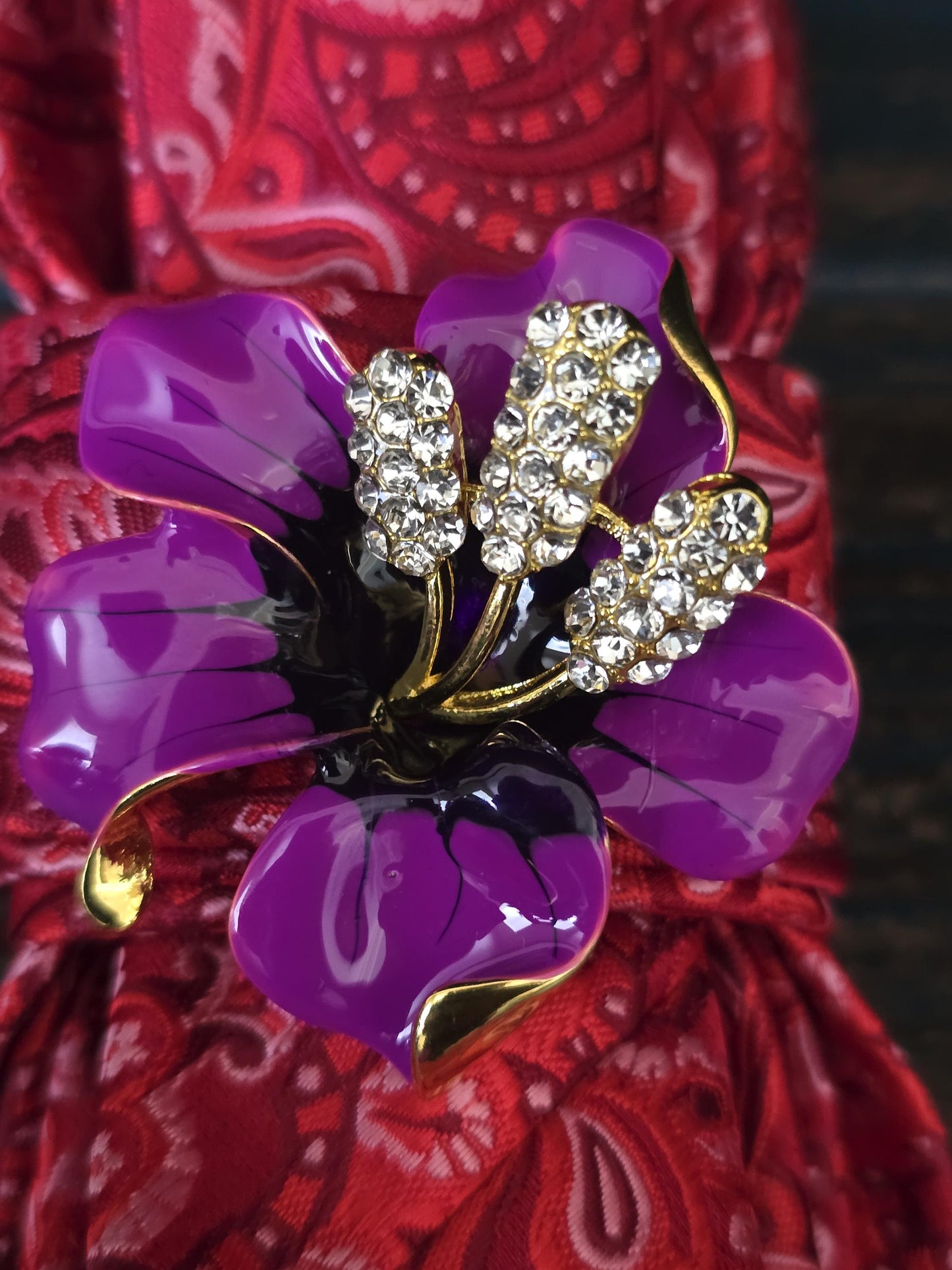 Red Paisley Necktie Necklace: African Violet Brooch, Women's Stylish Neckwear