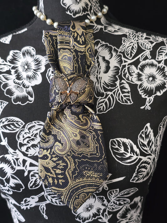 Handcrafted Paisley Necktie Necklace: Black & Gold Butterfly Brooch