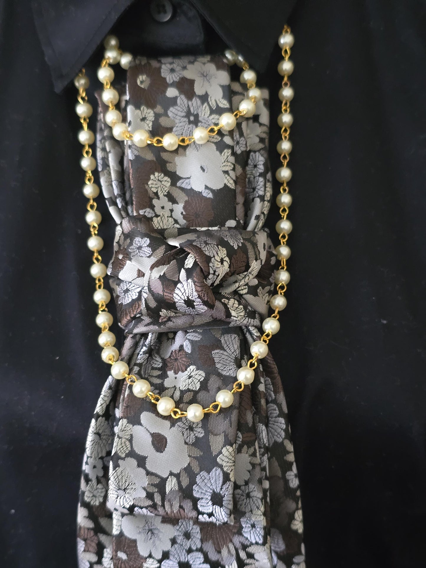 Simply Elegant Gray Floral Women's Necktie Necklace - Handcrafted Statement Jewelry - Brooch Necktie For Women