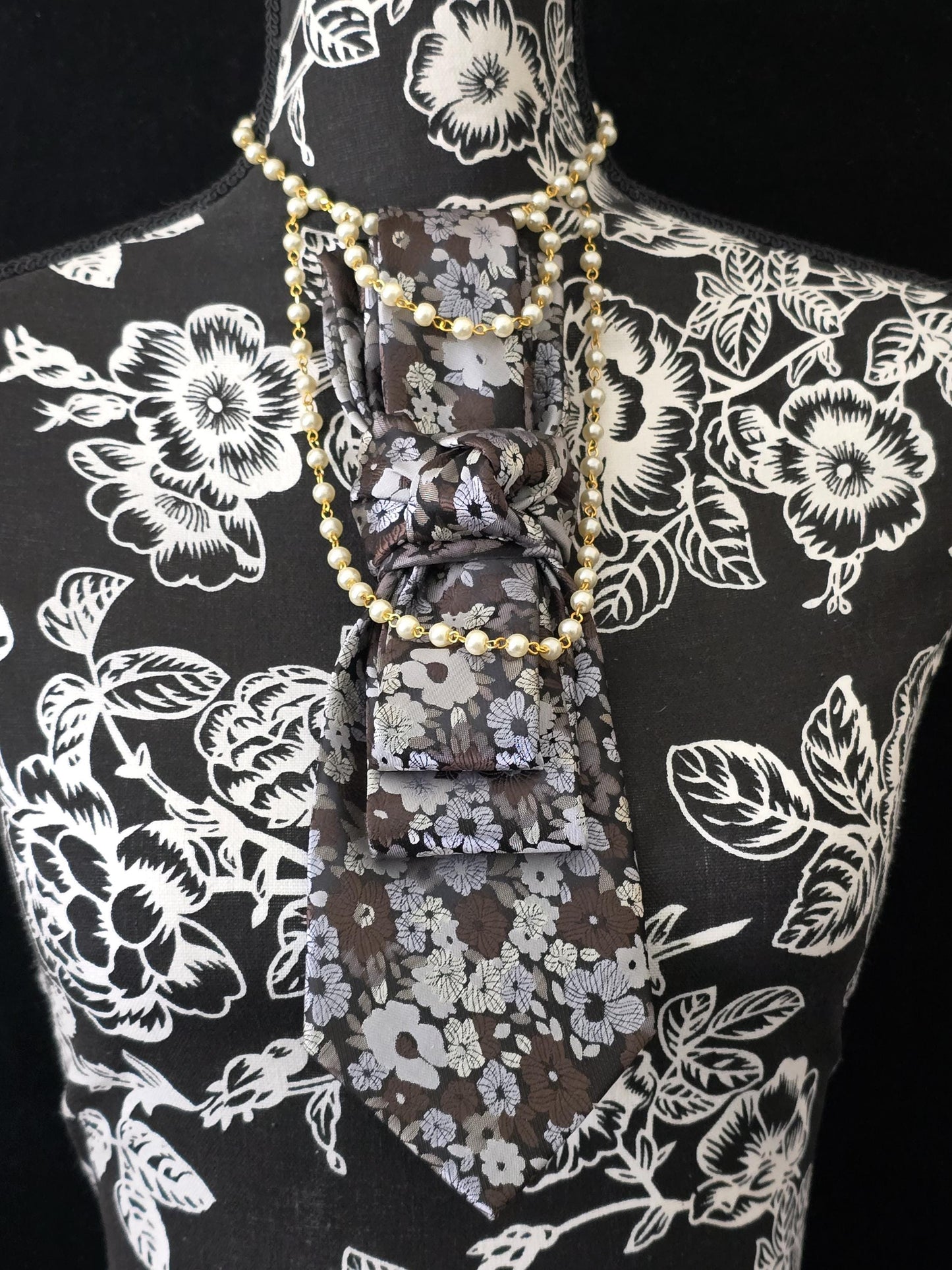 Simply Elegant Gray Floral Women's Necktie Necklace - Handcrafted Statement Jewelry - Brooch Necktie For Women