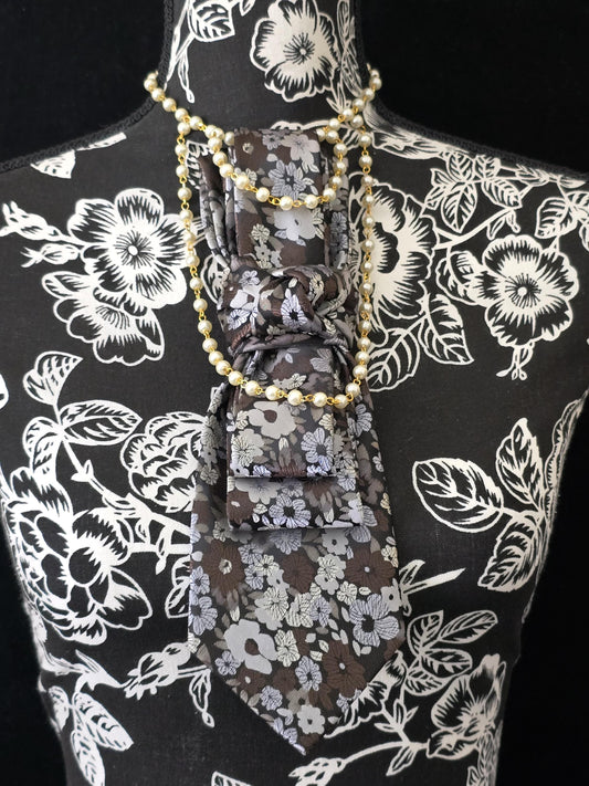 Simply Elegant Gray Floral Women's Necktie Necklace - Handcrafted Statement Jewelry - Brooch Necktie For Women