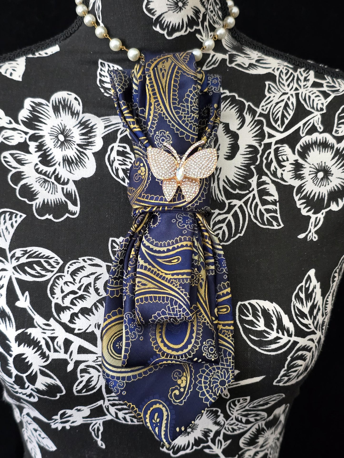 Butterfly Brooch Necklace - Blue and Gold Paisley Women's Tie-Handcrafted Statement Jewelry - Brooch Necktie - Stylish Neckwear For Women