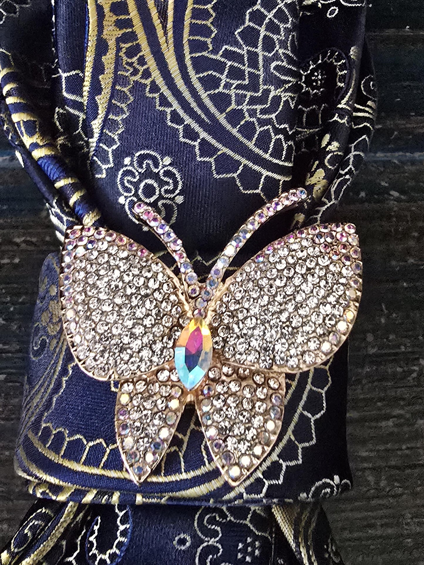 Butterfly Brooch Necklace - Blue and Gold Paisley Women's Tie-Handcrafted Statement Jewelry - Brooch Necktie - Stylish Neckwear For Women