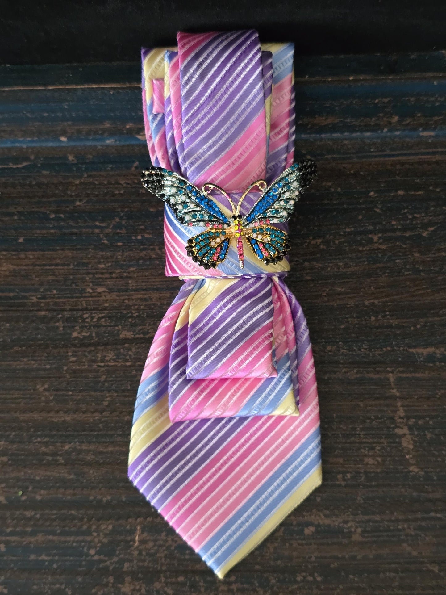 Simple Purple and Pink Stripe Women's Tie- Butterfly Brooch Necklace - Brooch Necktie - Stylish Neckwear For Women