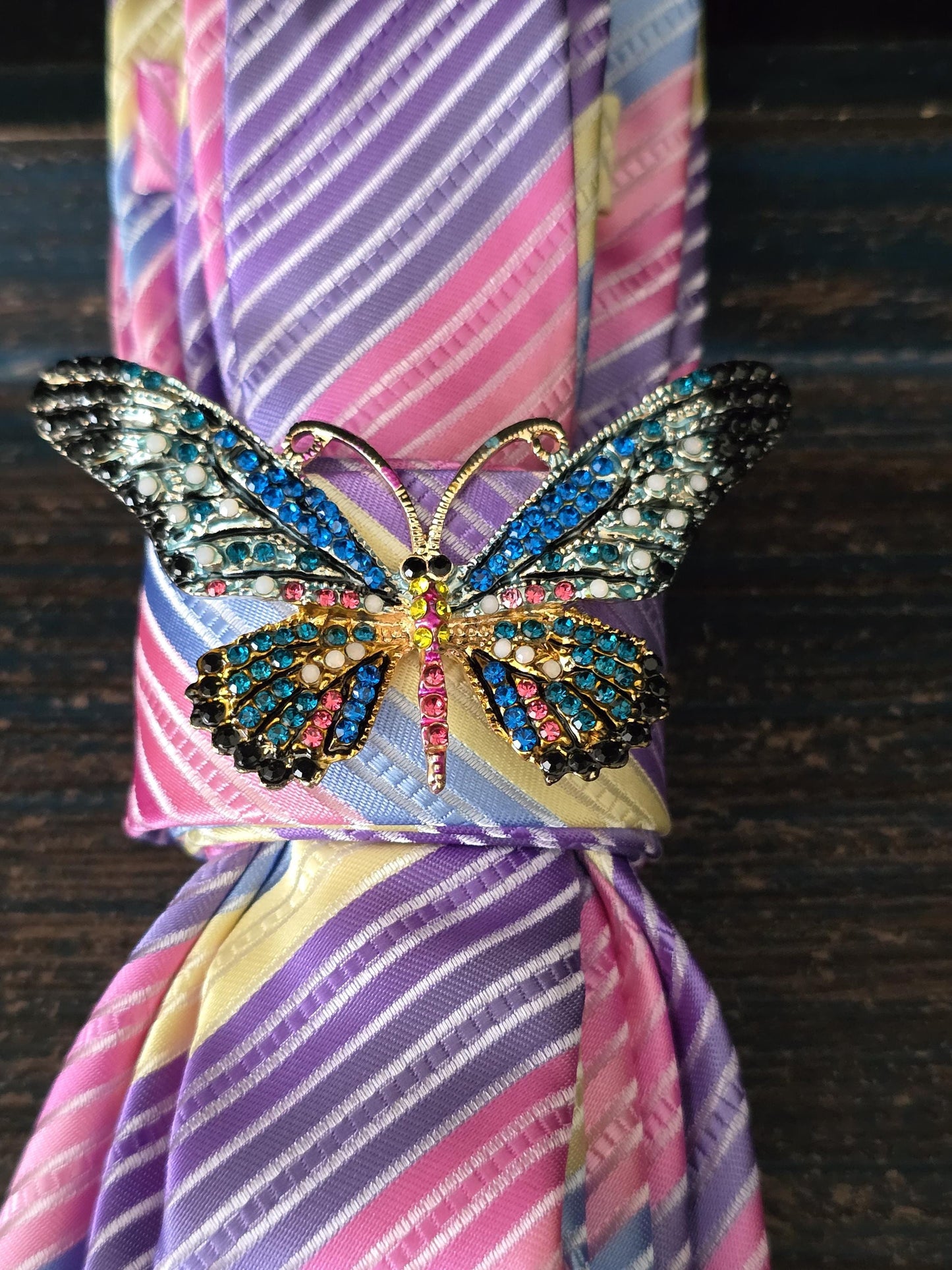 Simple Purple and Pink Stripe Women's Tie- Butterfly Brooch Necklace - Brooch Necktie - Stylish Neckwear For Women