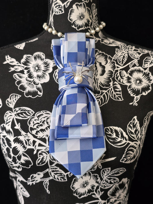 Blue Plaid Necktie Necklace: Silver Spider Brooch, Women's Fashion Tie