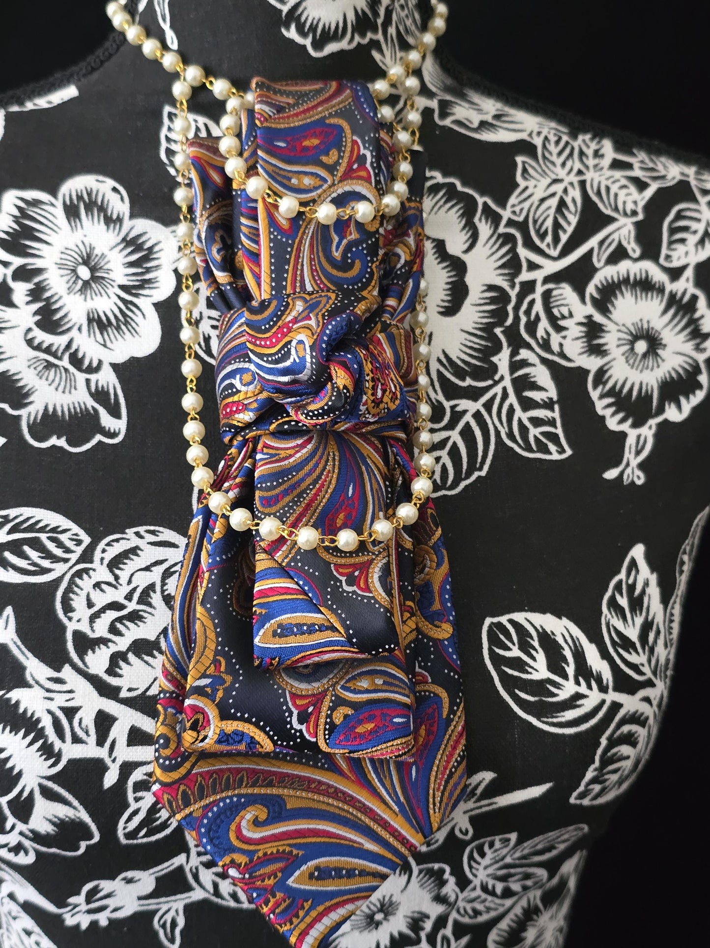 Women's Red and Blue Necktie Necklace - Handcrafted Statement Jewelry - Brooch Necktie For Women