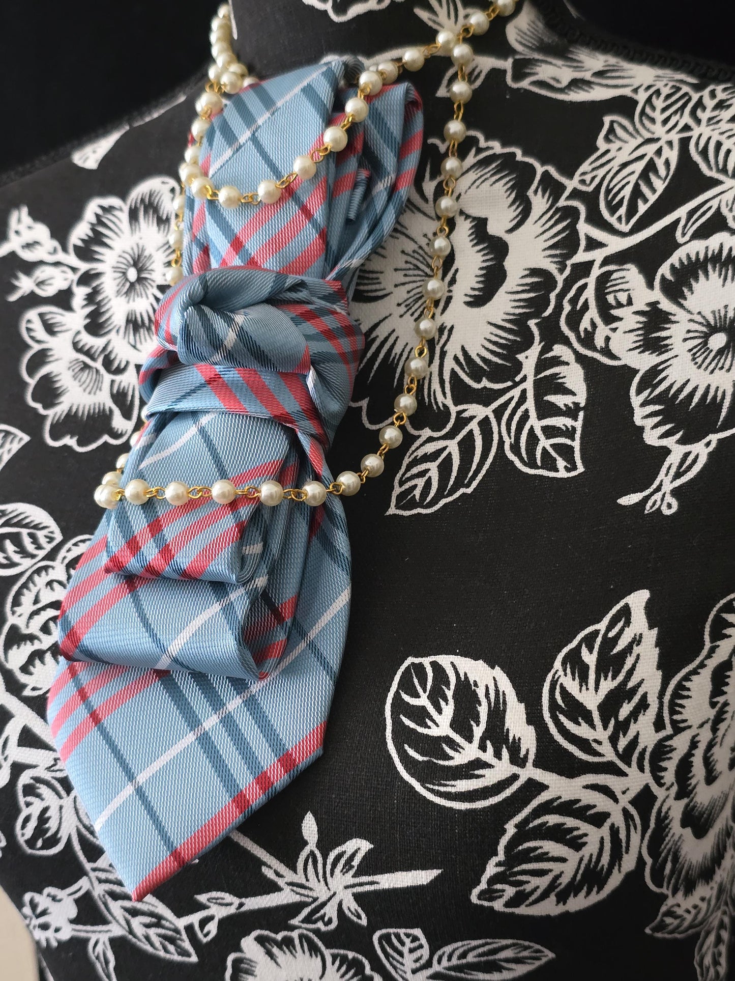 Simple but Elegant Teal Plaid Women's Necktie Necklace - Handcrafted Statement Jewelry - Brooch Necktie For Women