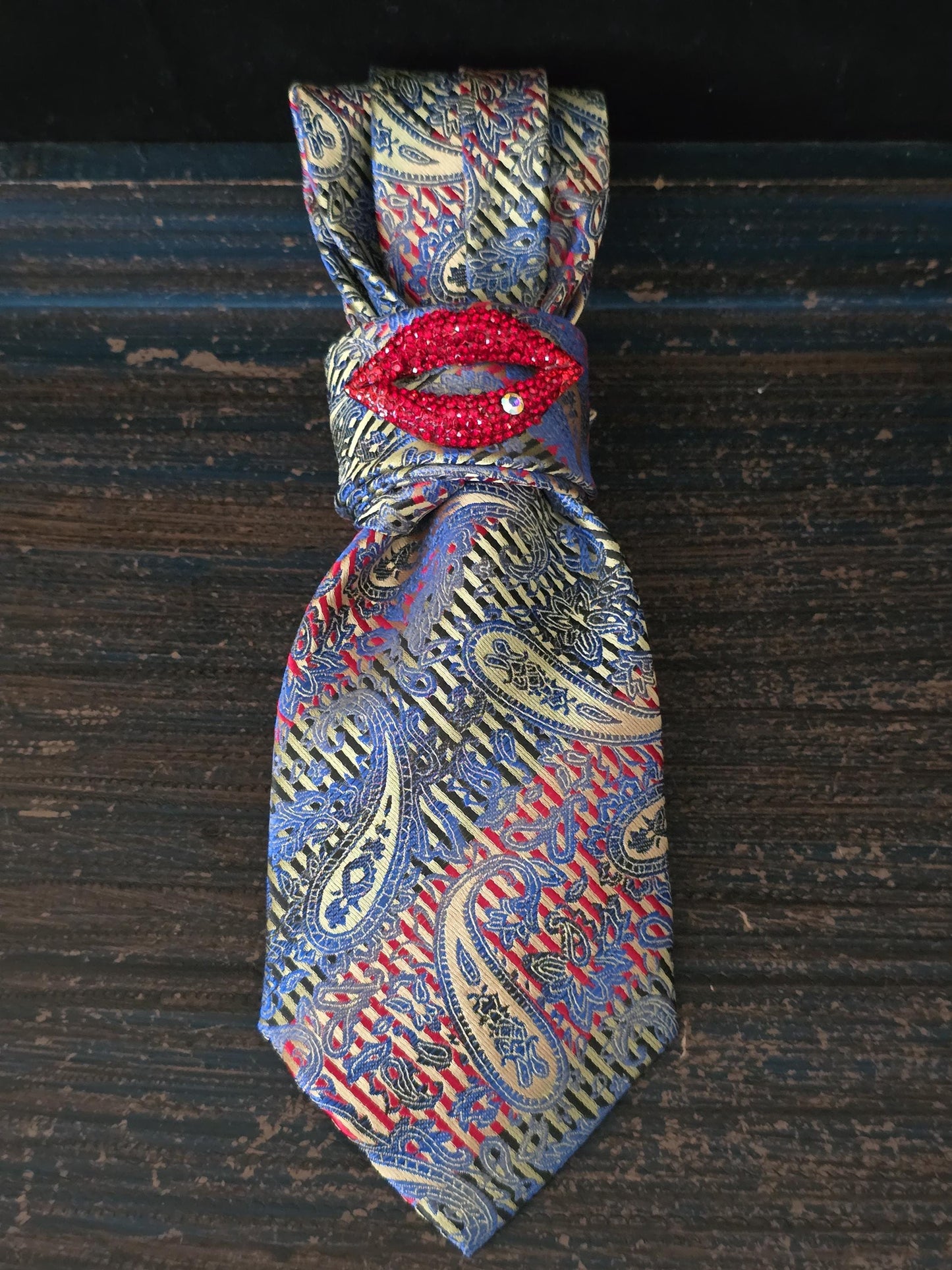 Red, Blue & Black Paisley Women's Necktie Necklace - Handcrafted Jewelry - Brooch Necktie - Stylish Neckwear For Women