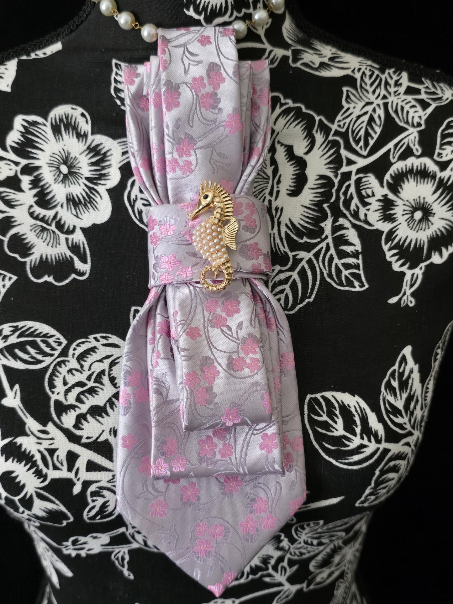 Floral Necktie Necklace: Pink Silk Tie with Starfish Brooch
