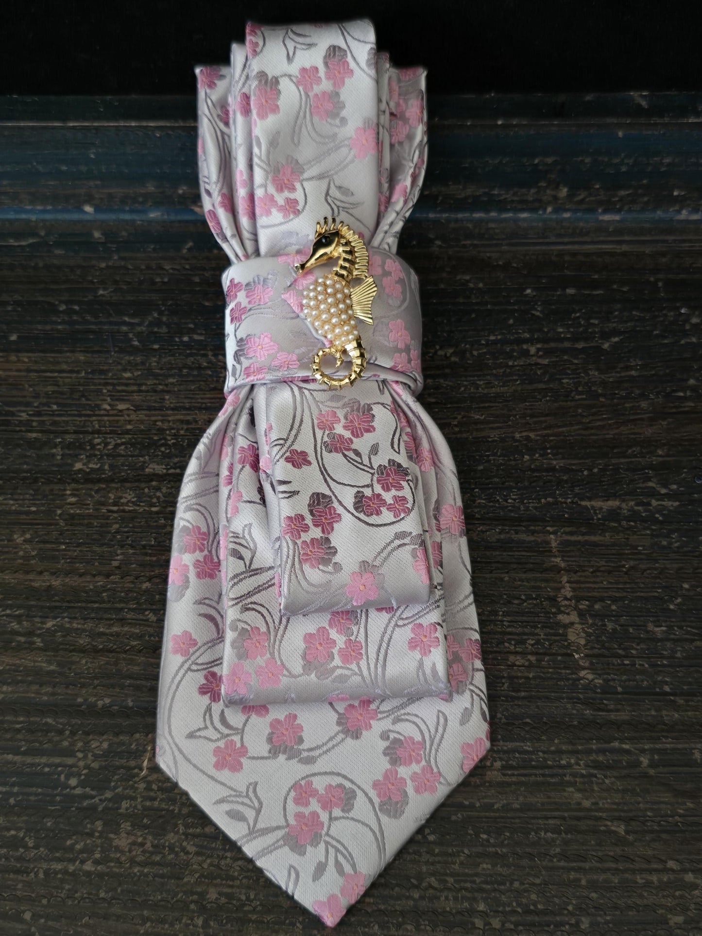 Floral Necktie Necklace: Pink Silk Tie with Starfish Brooch