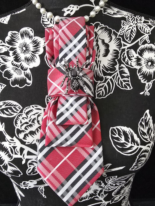Stylish Black and Red Plaid Women's Necktie Necklace - Handcrafted Jewelry - Brooch Necktie - Stylish Neckwear For Women