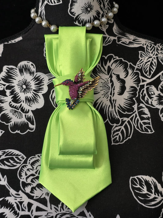 Lime Green Tie Necklace: Rhinestone Hummingbird Brooch, Handcrafted Neckwear