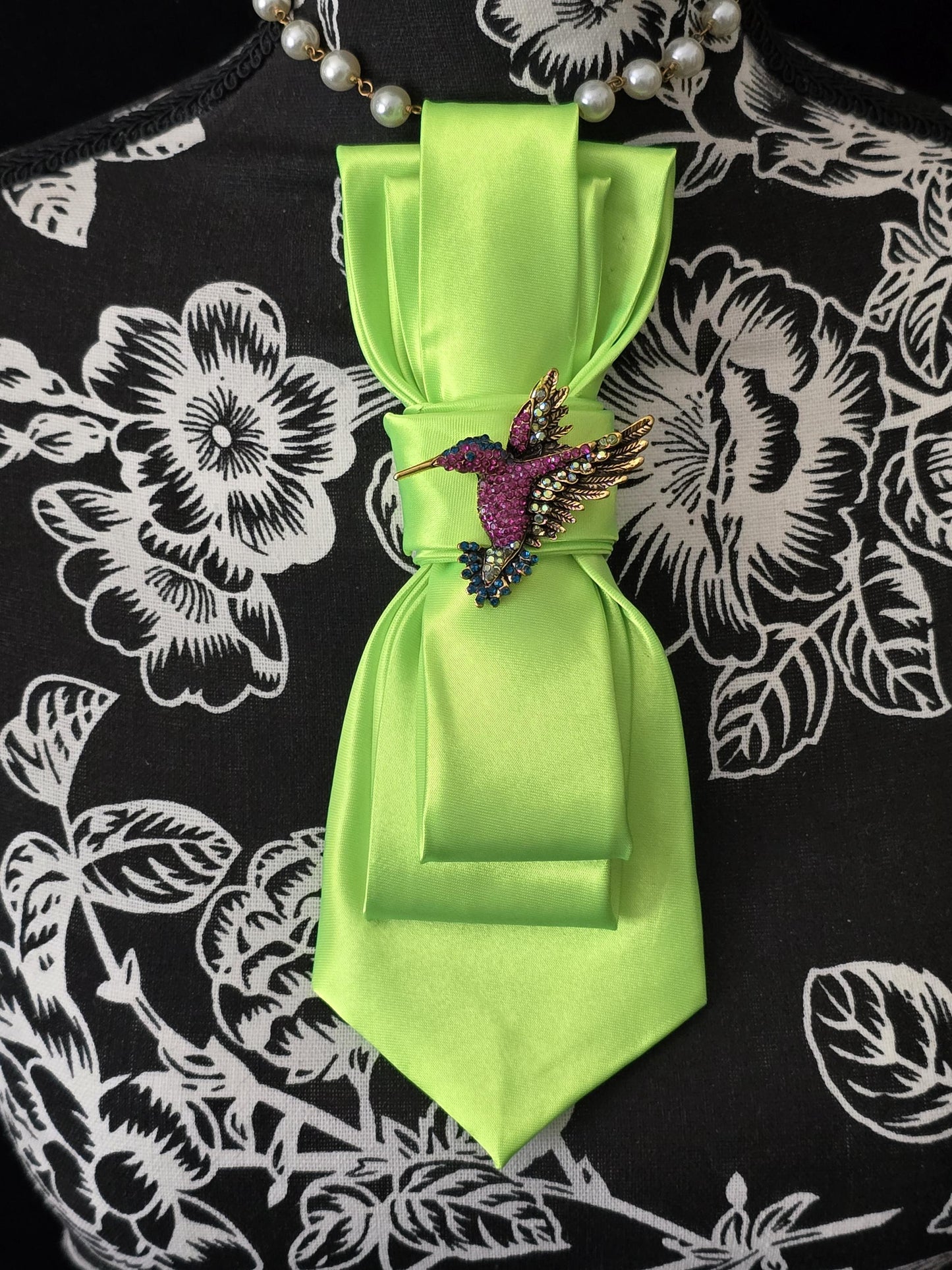 Lime Green Tie Necklace: Rhinestone Hummingbird Brooch, Handcrafted Neckwear