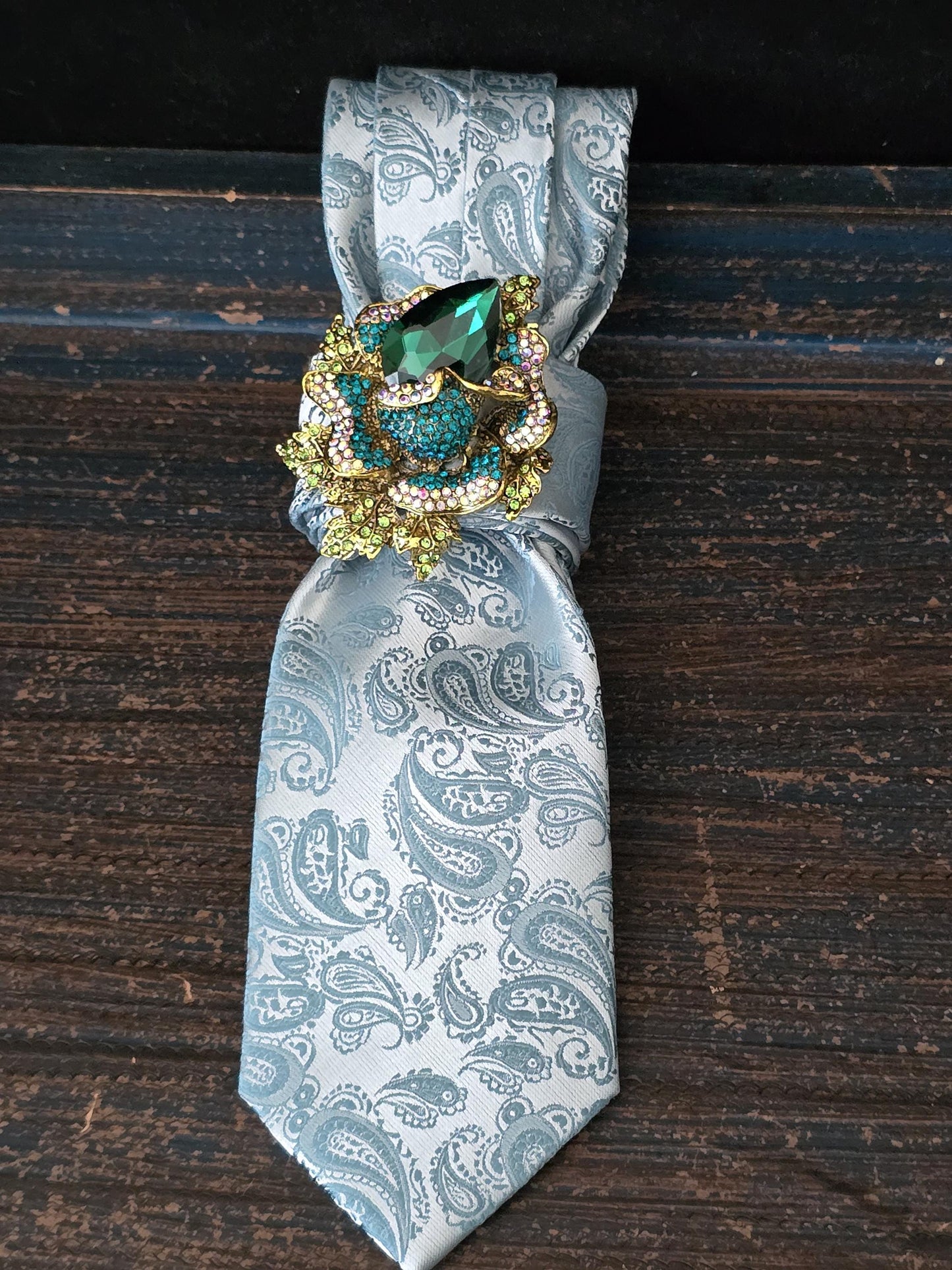 Crystal Flower Brooch- Teal Paisley Women's Necktie Necklace - Handcrafted Jewelry - Brooch Necktie - Stylish Neckwear For Women
