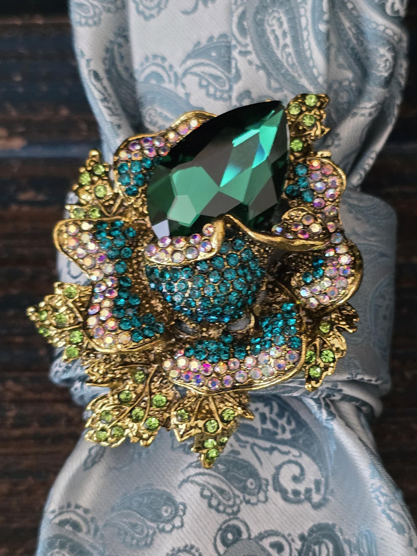 Crystal Flower Brooch- Teal Paisley Women's Necktie Necklace - Handcrafted Jewelry - Brooch Necktie - Stylish Neckwear For Women