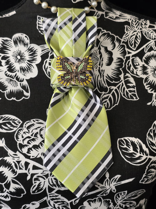 Lime and Black Plaid Women's Necktie Necklace - Handcrafted Jewelry - Brooch Necktie - Stylish Neckwear For Women