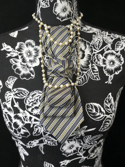 Women's Black and Gray Striped Necktie Necklace - Handcrafted Statement Jewelry - Brooch Necktie For Women