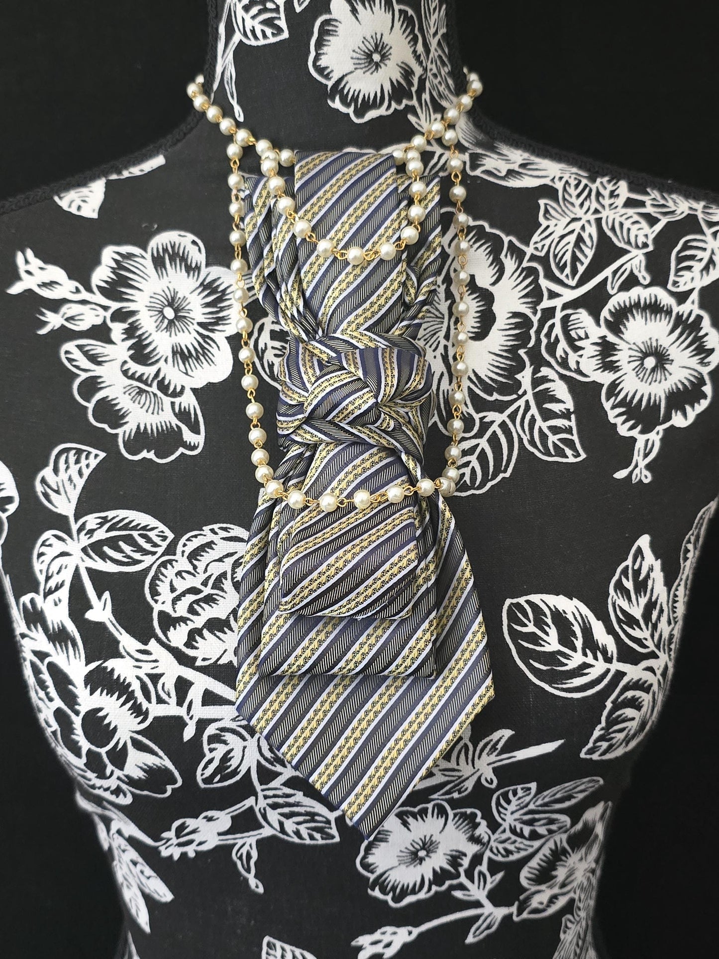 Women's Black and Gray Striped Necktie Necklace - Handcrafted Statement Jewelry - Brooch Necktie For Women