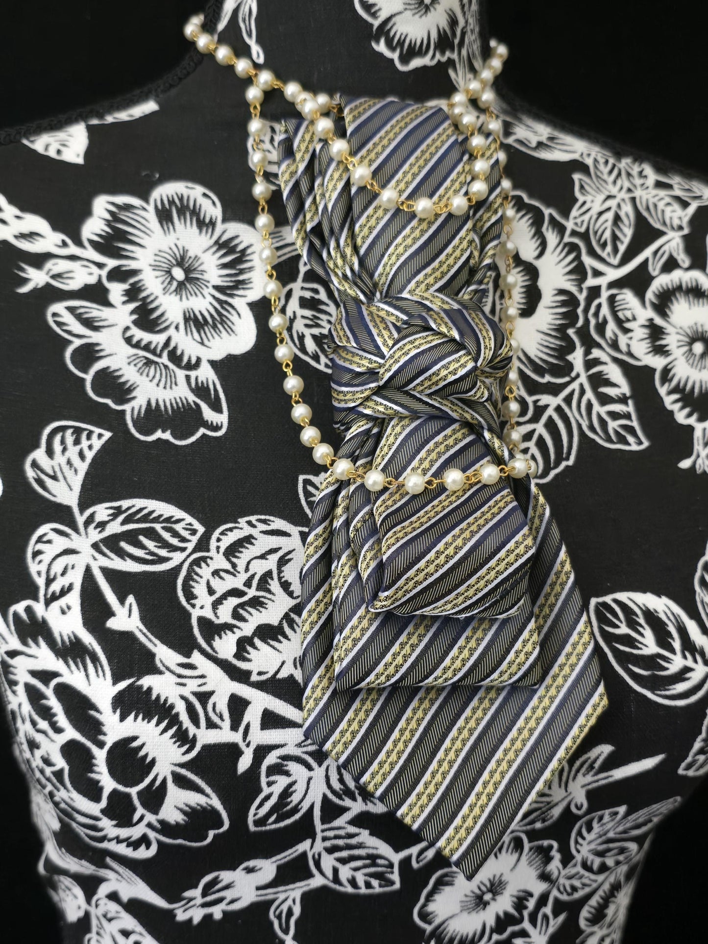 Women's Black and Gray Striped Necktie Necklace - Handcrafted Statement Jewelry - Brooch Necktie For Women