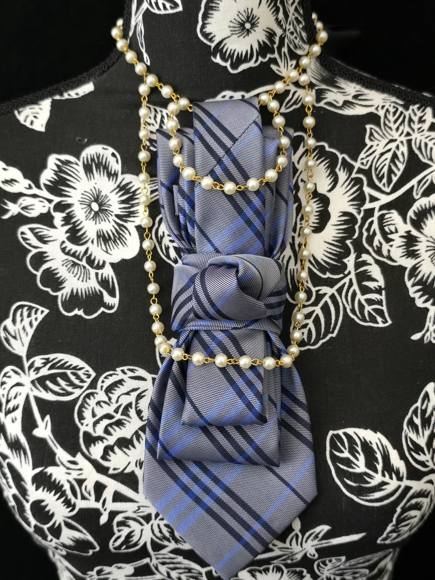 Women's Blue Plaid Necktie Necklace - Handcrafted Statement Jewelry - Brooch Necktie For Women