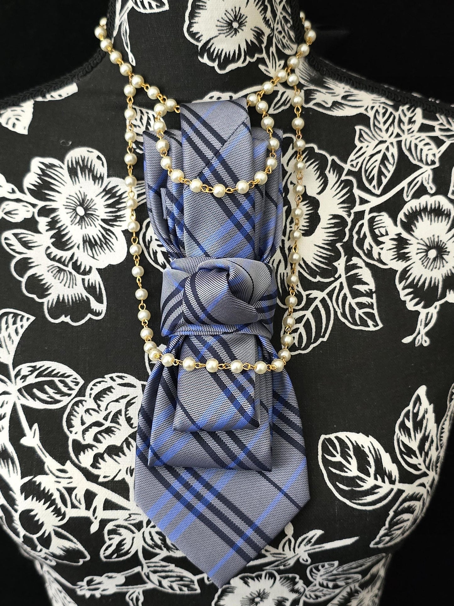 Women's Blue Plaid Necktie Necklace - Handcrafted Statement Jewelry - Brooch Necktie For Women