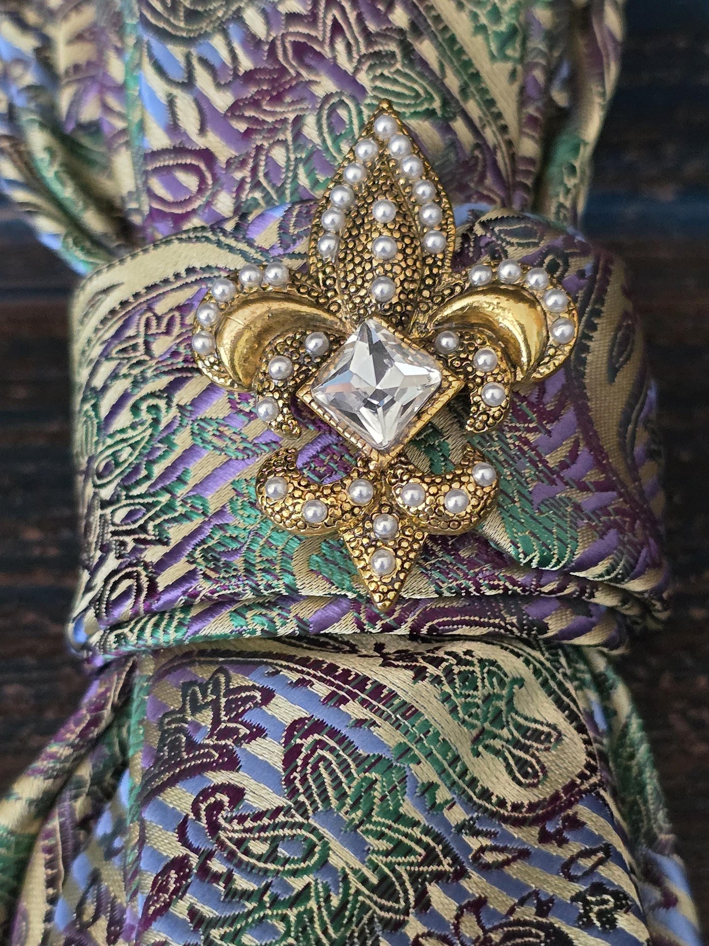 Paisley Silk Necktie Necklace: Fleur-de-lis Brooch, Adjustable Chain