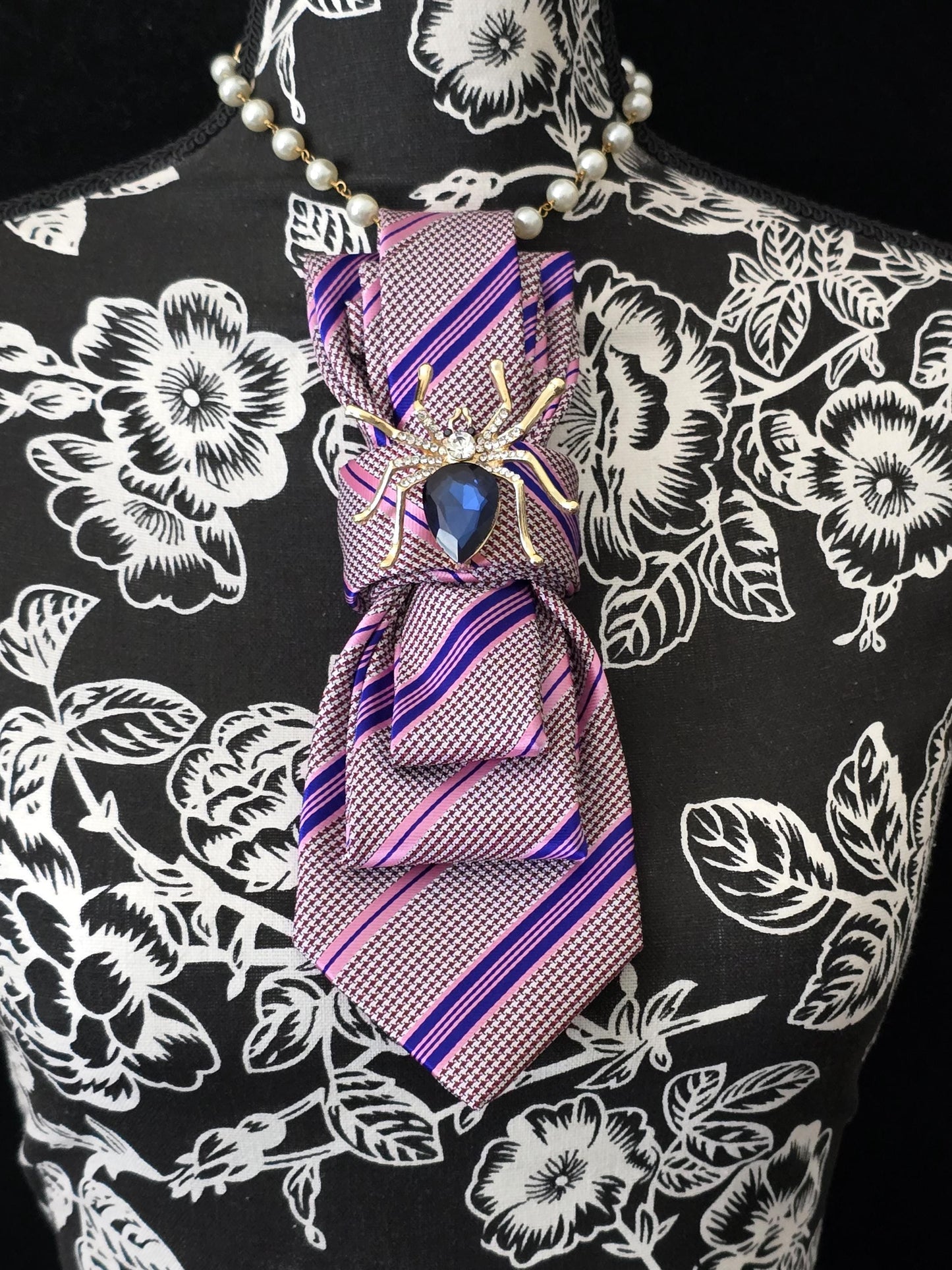Pink & Blue Stripe Necktie Necklace: Spider Brooch, Rosary Chain