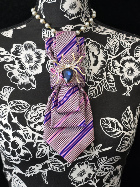 Pink & Blue Stripe Necktie Necklace: Spider Brooch, Rosary Chain