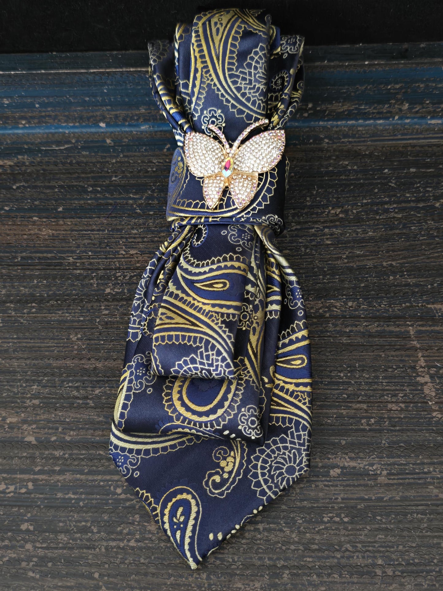 Butterfly Brooch Necklace - Blue and Gold Paisley Women's Tie-Handcrafted Statement Jewelry - Brooch Necktie - Stylish Neckwear For Women