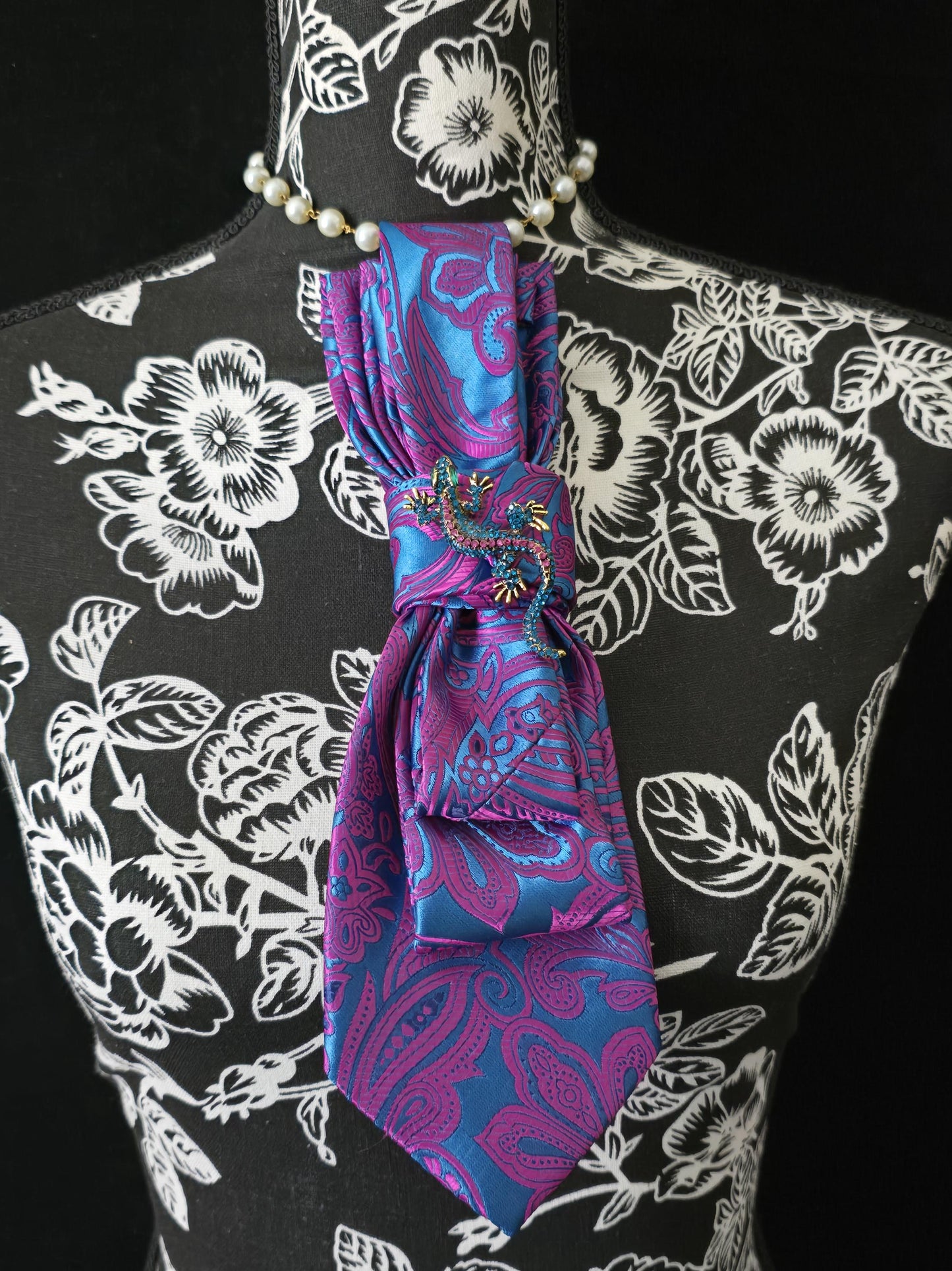 Simply Elegant Blue Paisley Women's Tie- Brooch Necklace - Handcrafted Statement Jewelry - Brooch Necktie -Stylish Neckwear For Women