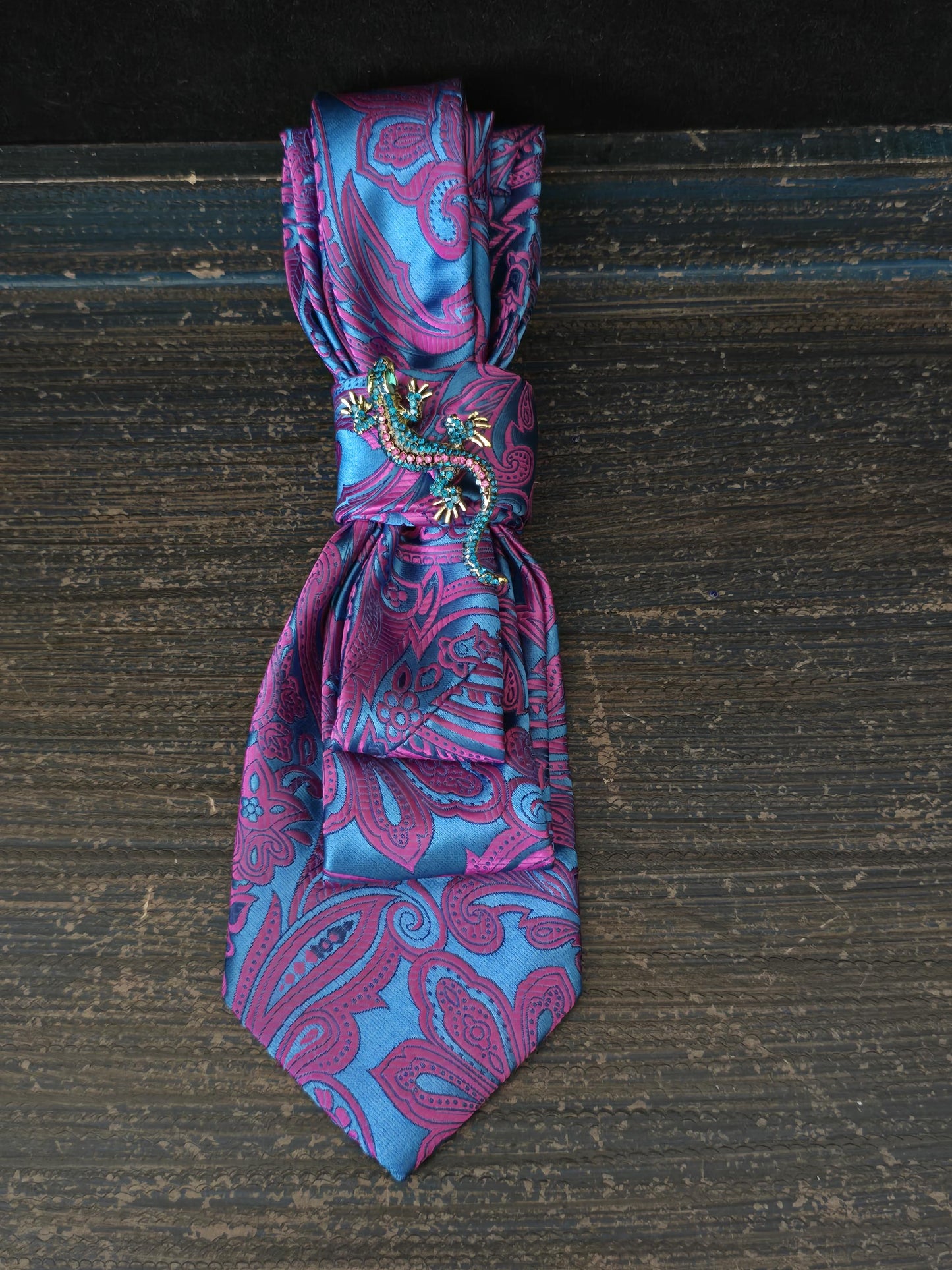 Simply Elegant Blue Paisley Women's Tie- Brooch Necklace - Handcrafted Statement Jewelry - Brooch Necktie -Stylish Neckwear For Women