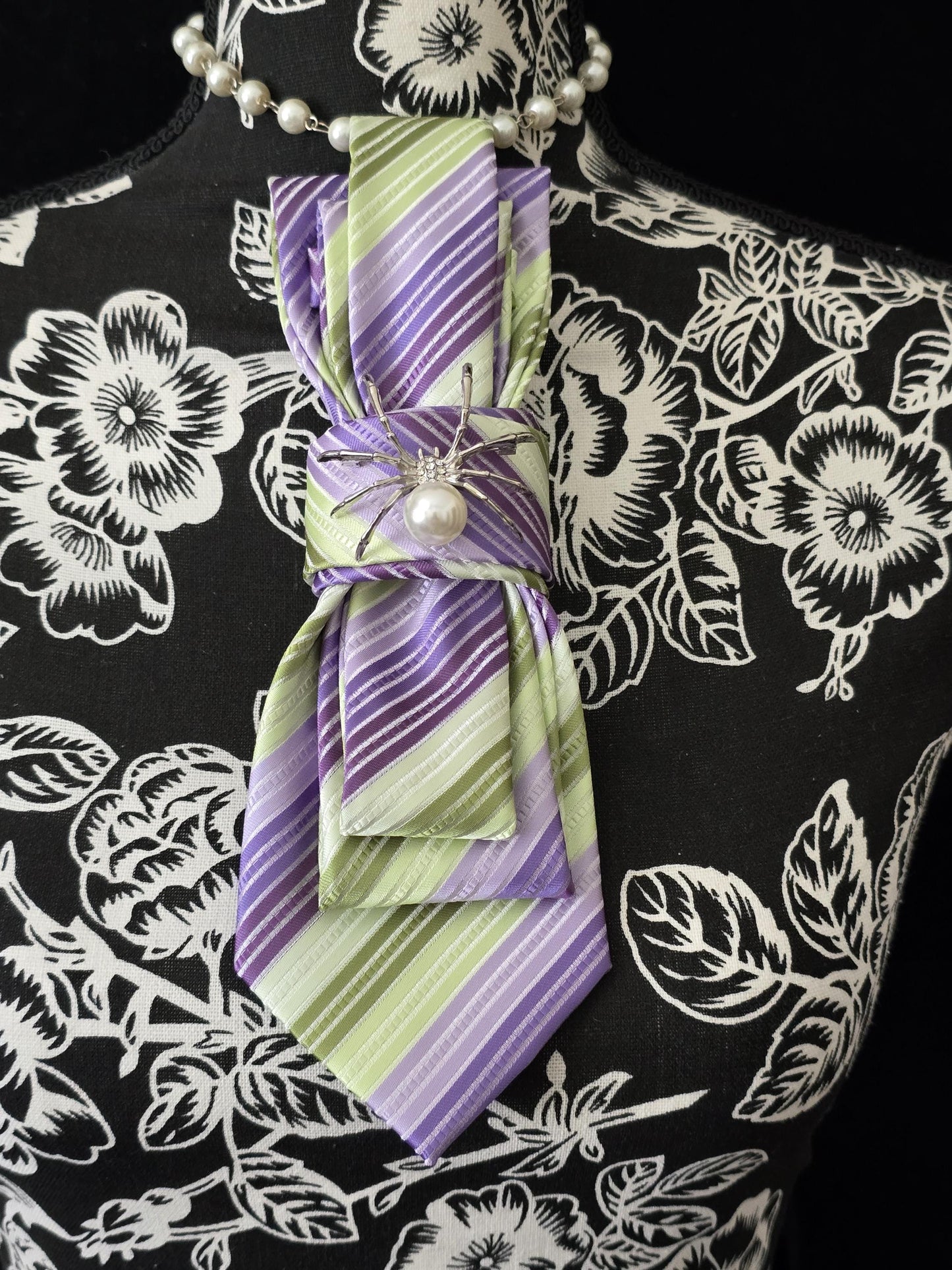 Handcrafted Silk Tie Necklace: Purple Green Stripe with Spider Brooch