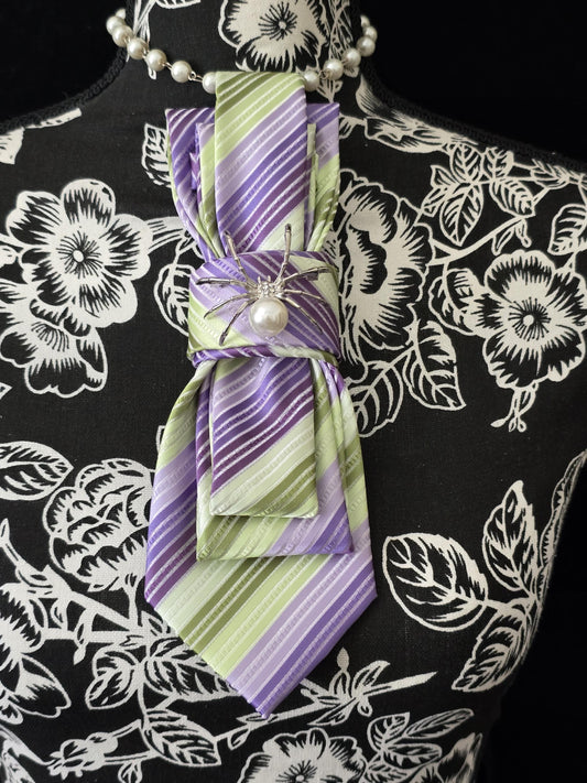 Handcrafted Silk Tie Necklace: Purple Green Stripe with Spider Brooch