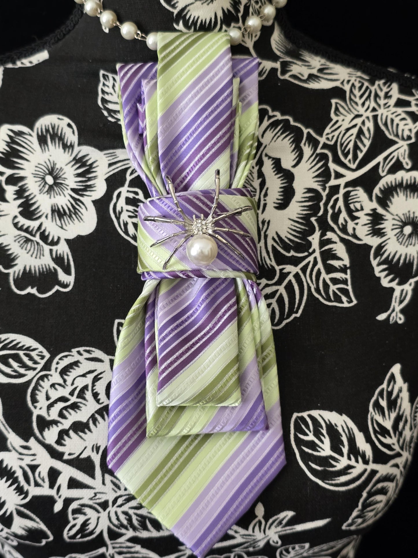 Handcrafted Silk Tie Necklace: Purple Green Stripe with Spider Brooch