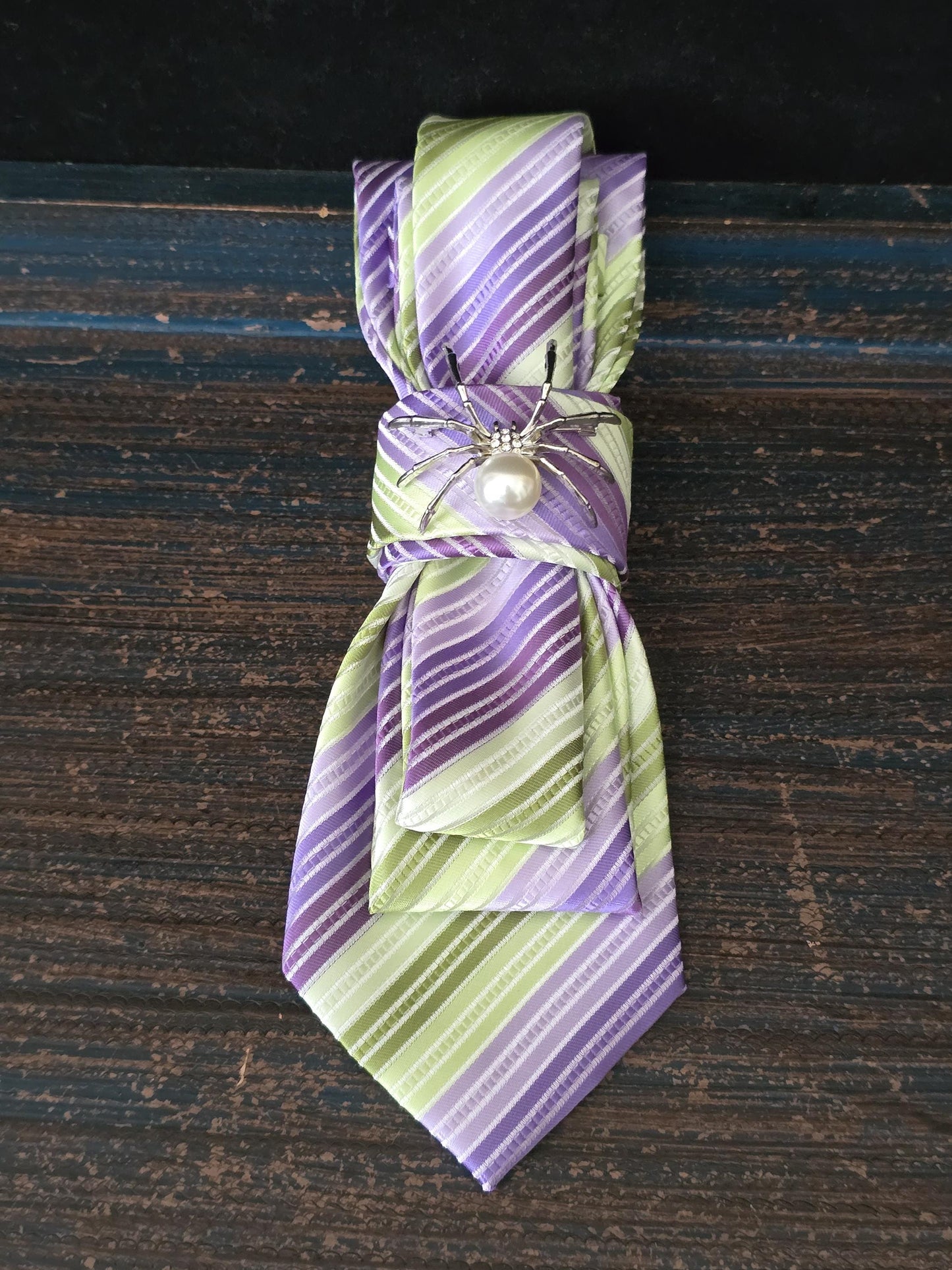 Handcrafted Silk Tie Necklace: Purple Green Stripe with Spider Brooch