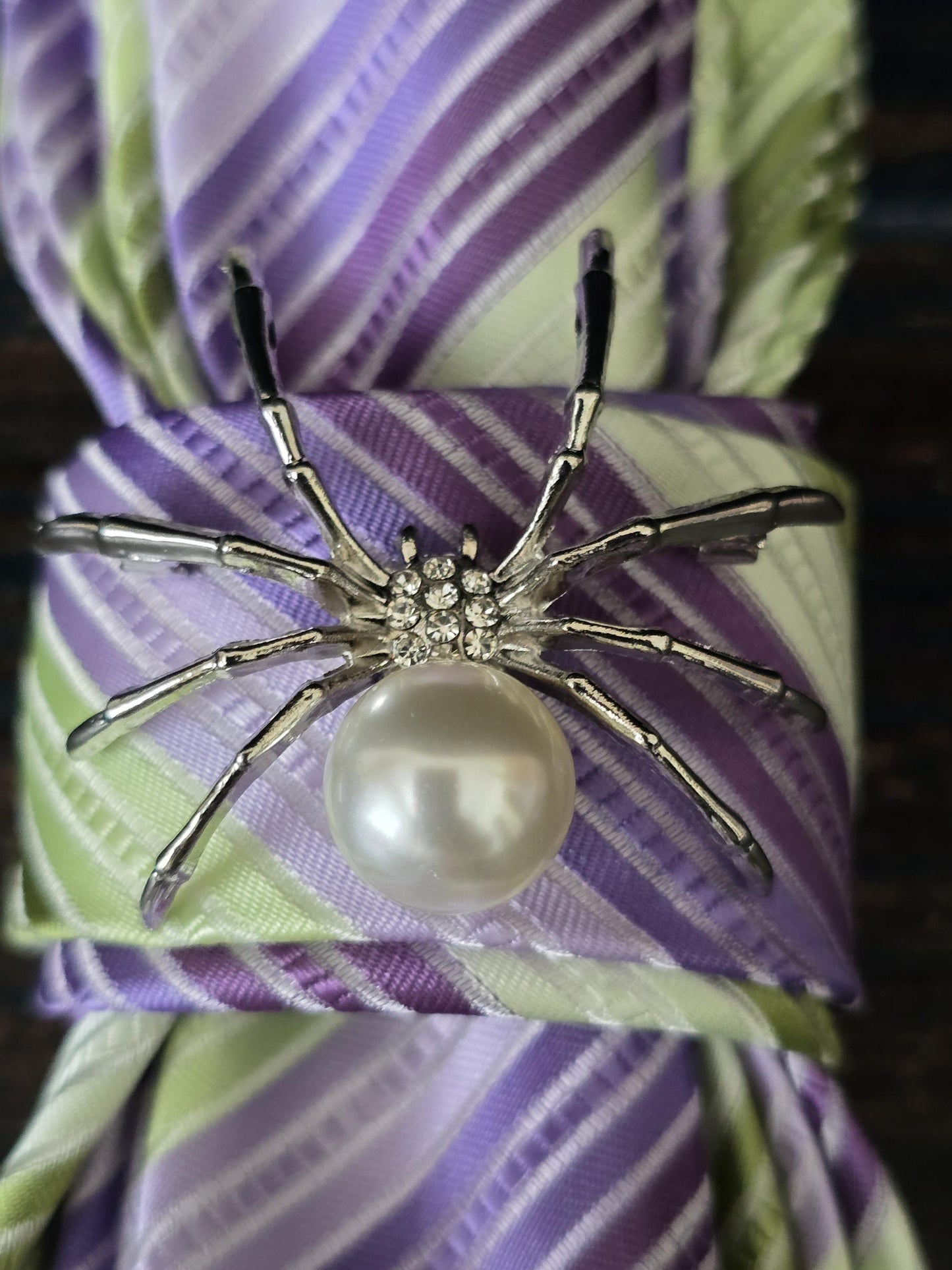 Handcrafted Silk Tie Necklace: Purple Green Stripe with Spider Brooch
