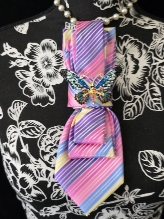 Simple Purple and Pink Stripe Women's Tie- Butterfly Brooch Necklace - Brooch Necktie - Stylish Neckwear For Women