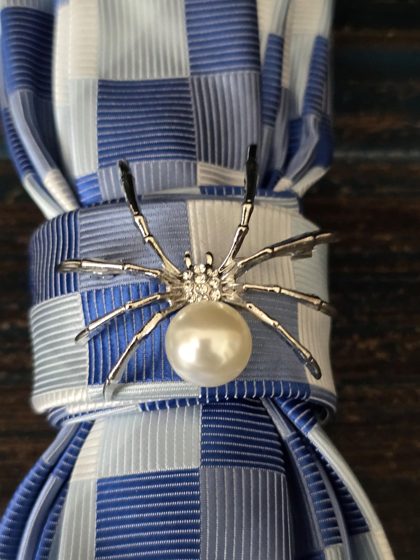Blue Plaid Necktie Necklace: Silver Spider Brooch, Women's Fashion Tie