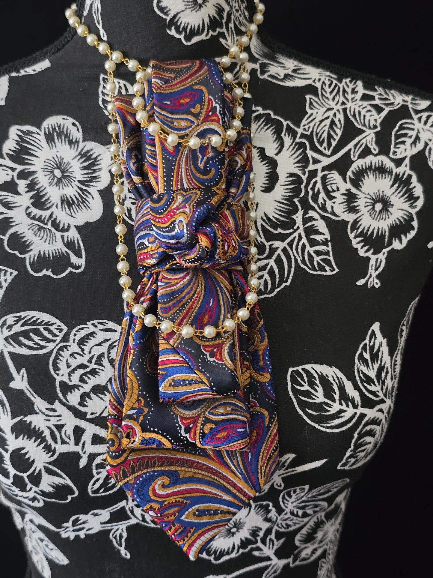 Women's Red and Blue Necktie Necklace - Handcrafted Statement Jewelry - Brooch Necktie For Women