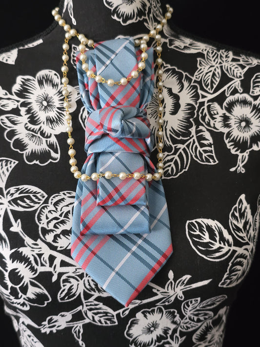 Simple but Elegant Teal Plaid Women's Necktie Necklace - Handcrafted Statement Jewelry - Brooch Necktie For Women