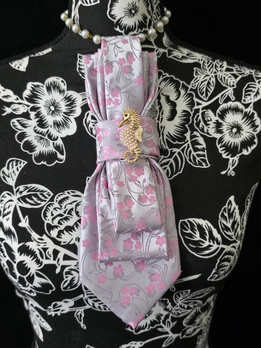 Floral Necktie Necklace: Pink Silk Tie with Starfish Brooch