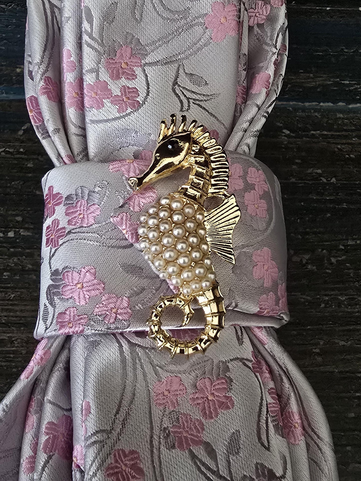 Floral Necktie Necklace: Pink Silk Tie with Starfish Brooch