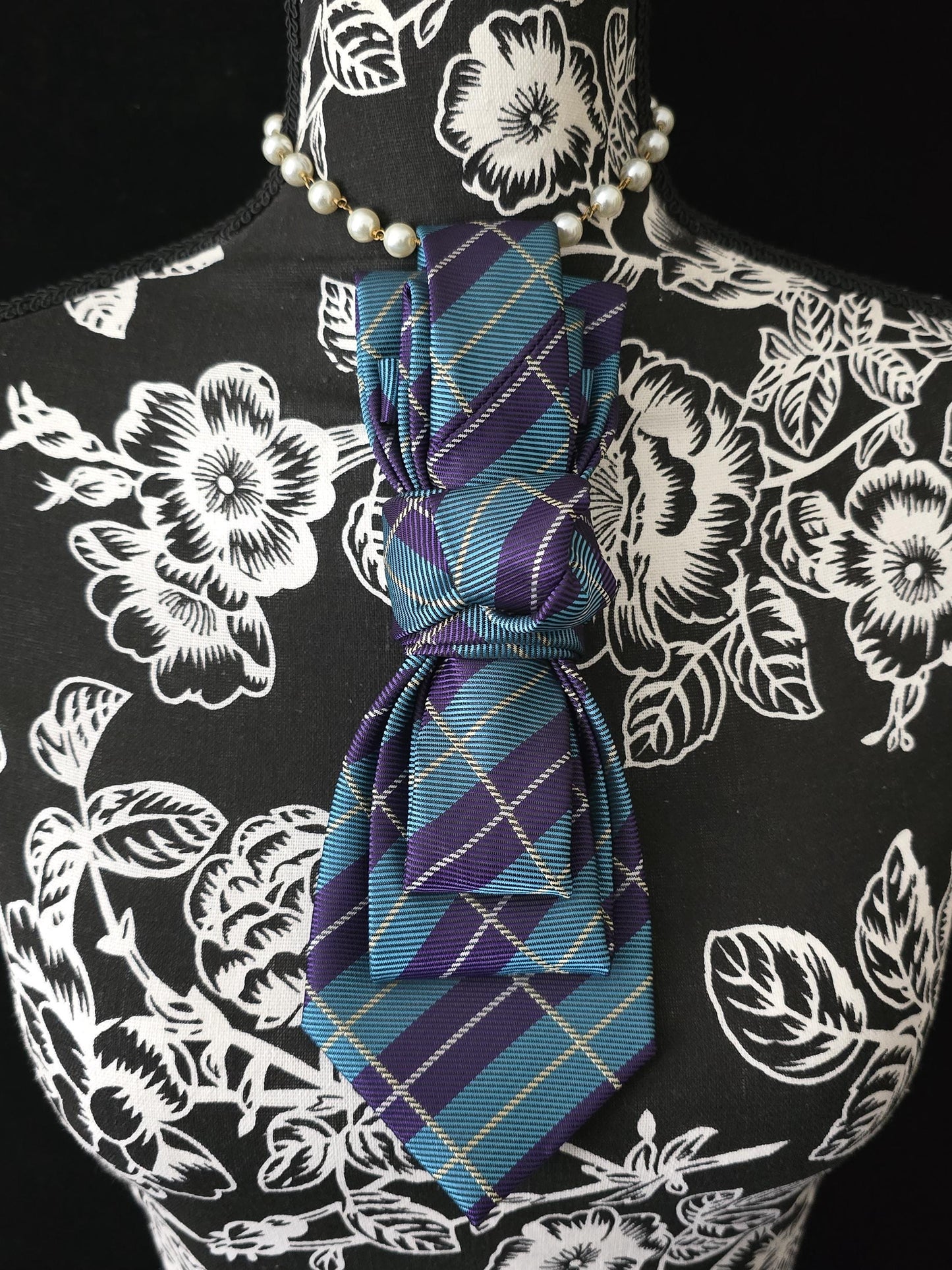 Simply Elegant Purple Plaid Women's Necktie Necklace - Handcrafted Statement Jewelry - Brooch Necktie For Women