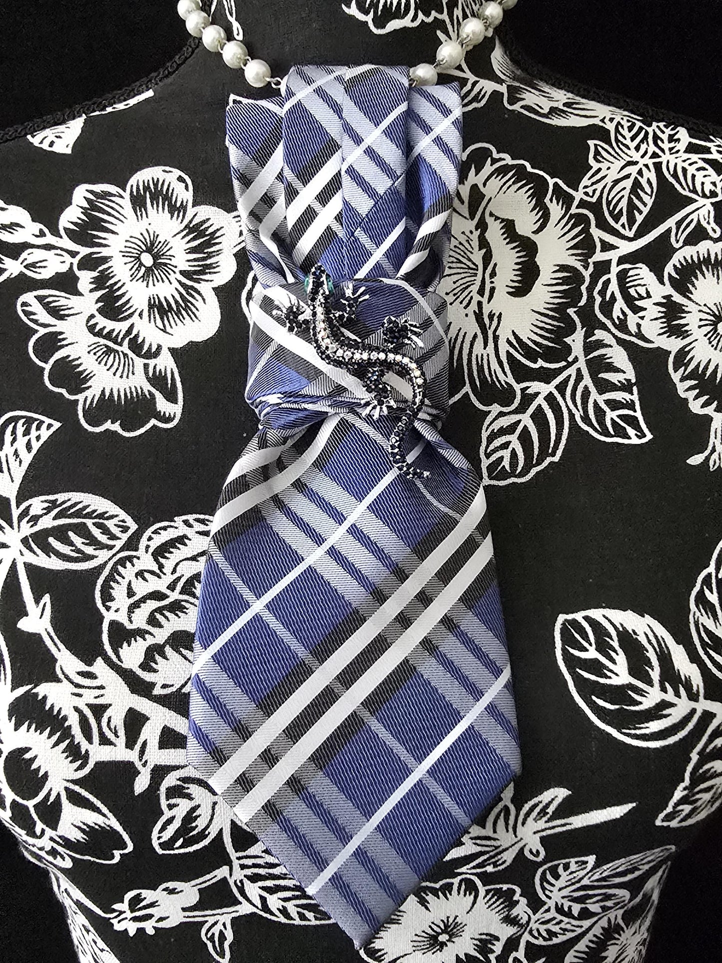 Blue and Black Plaid Women's Necktie Necklace - Handcrafted Jewelry - Brooch Necktie - Stylish Neckwear For Women