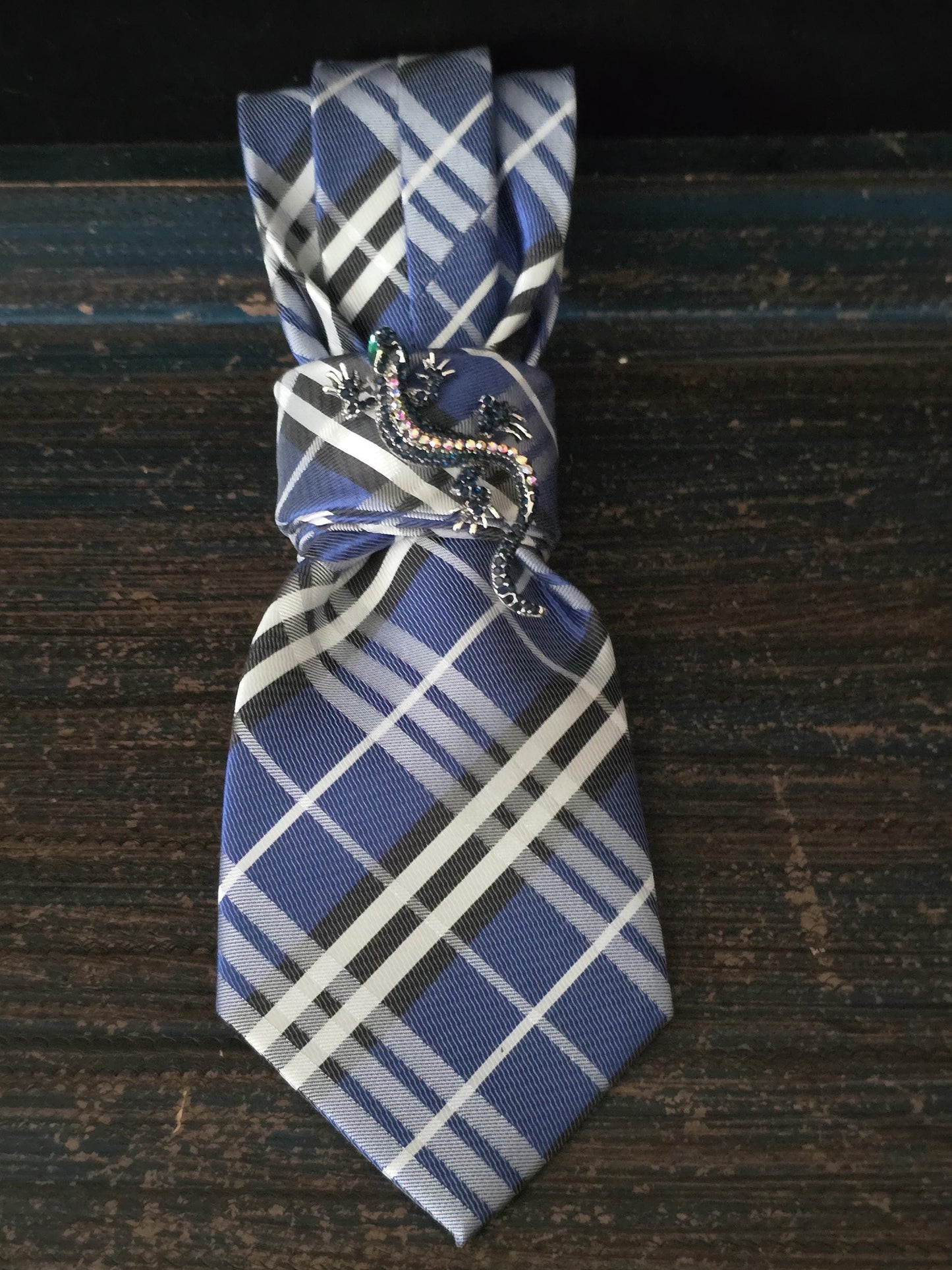 Blue and Black Plaid Women's Necktie Necklace - Handcrafted Jewelry - Brooch Necktie - Stylish Neckwear For Women