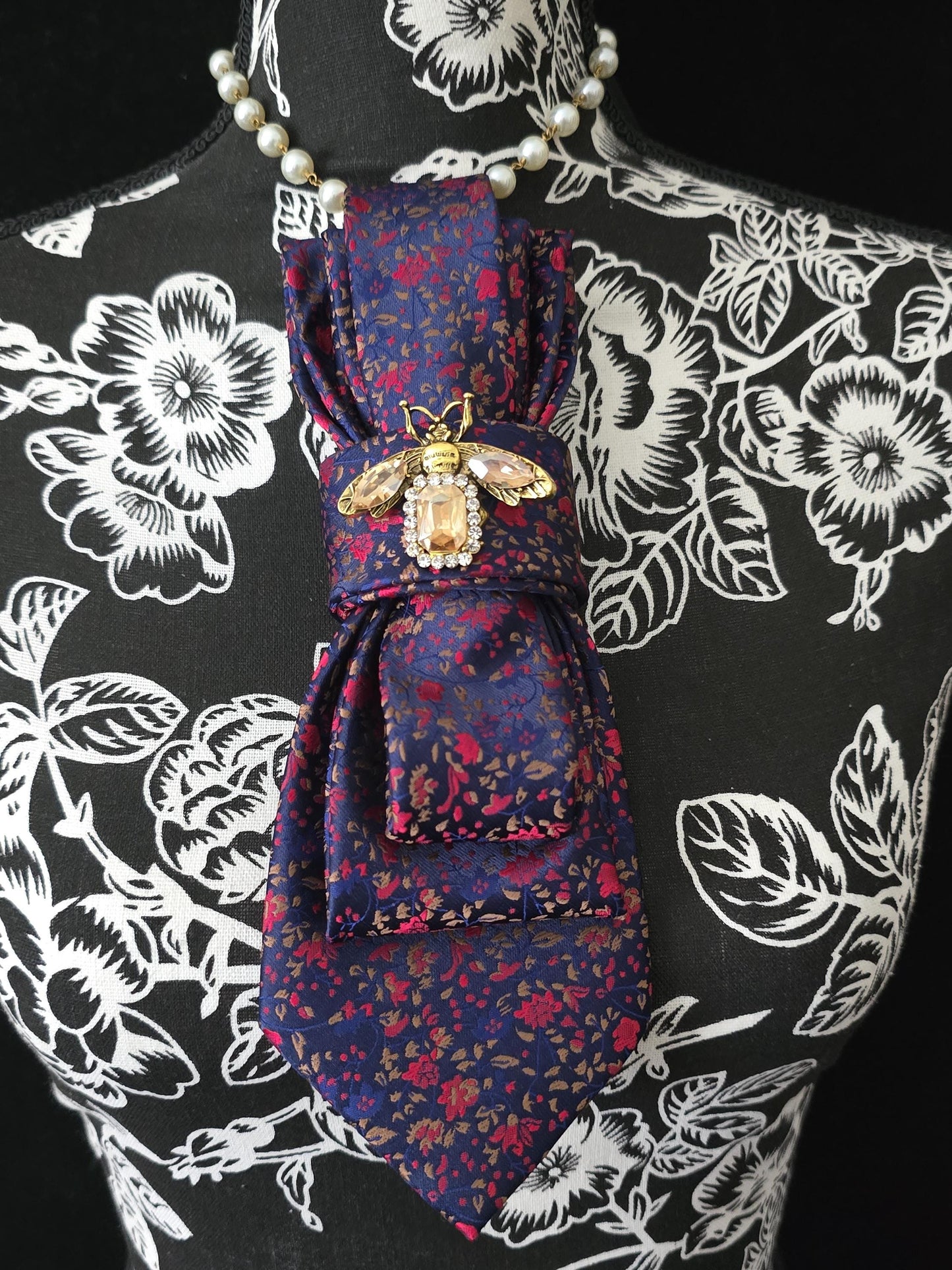 Crystal Firefly Brooch- Blue and Red Floral Women's Necktie Necklace - Handcrafted Jewelry - Brooch Necktie - Stylish Neckwear For Women