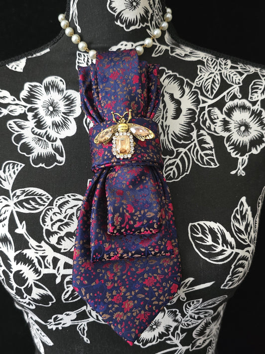 Crystal Firefly Brooch- Blue and Red Floral Women's Necktie Necklace - Handcrafted Jewelry - Brooch Necktie - Stylish Neckwear For Women