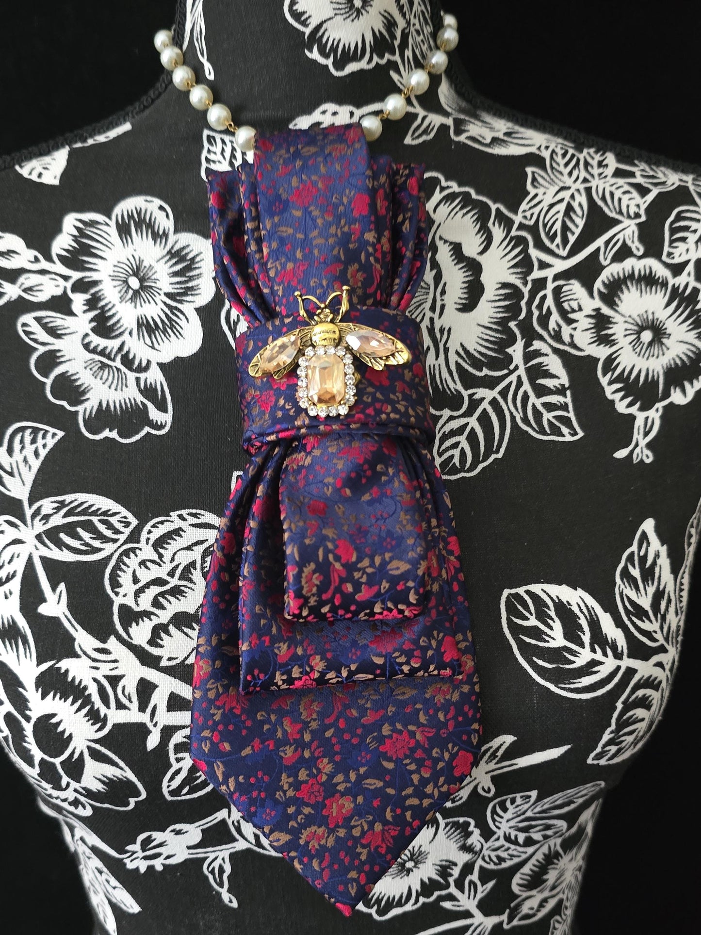 Crystal Firefly Brooch- Blue and Red Floral Women's Necktie Necklace - Handcrafted Jewelry - Brooch Necktie - Stylish Neckwear For Women