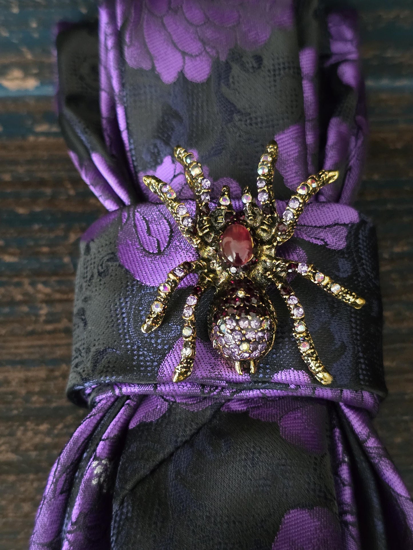 Purple Floral Tie Necklace: Rhinestone Spider Brooch, Rosary Chain
